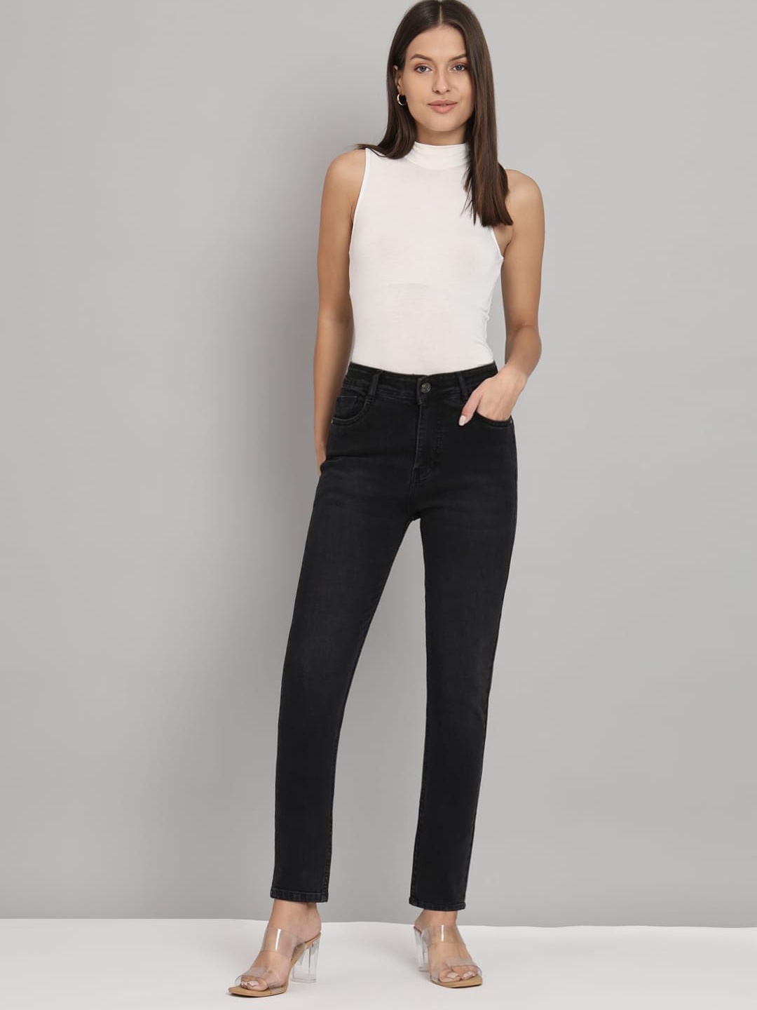 

FASHIONFIBRE Women Skinny Fit High-Rise Cropped Jeans, Black