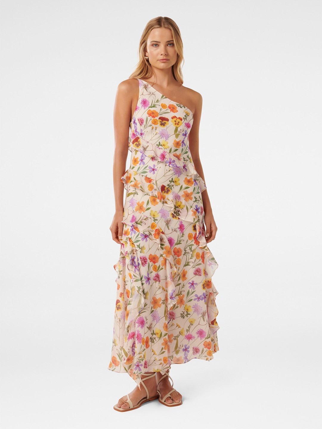

Forever New Floral Print One-Shoulder Maxi Dress, White
