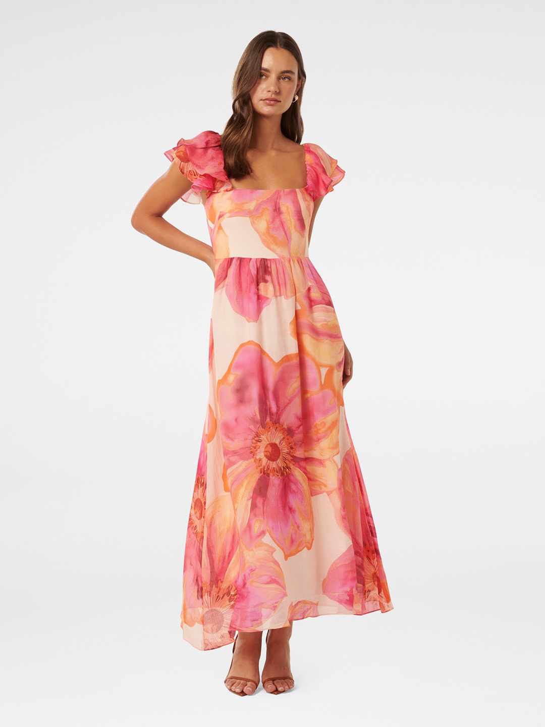 

Forever New Floral Printed Square Neck Flutter Sleeves Maxi Dress, Orange