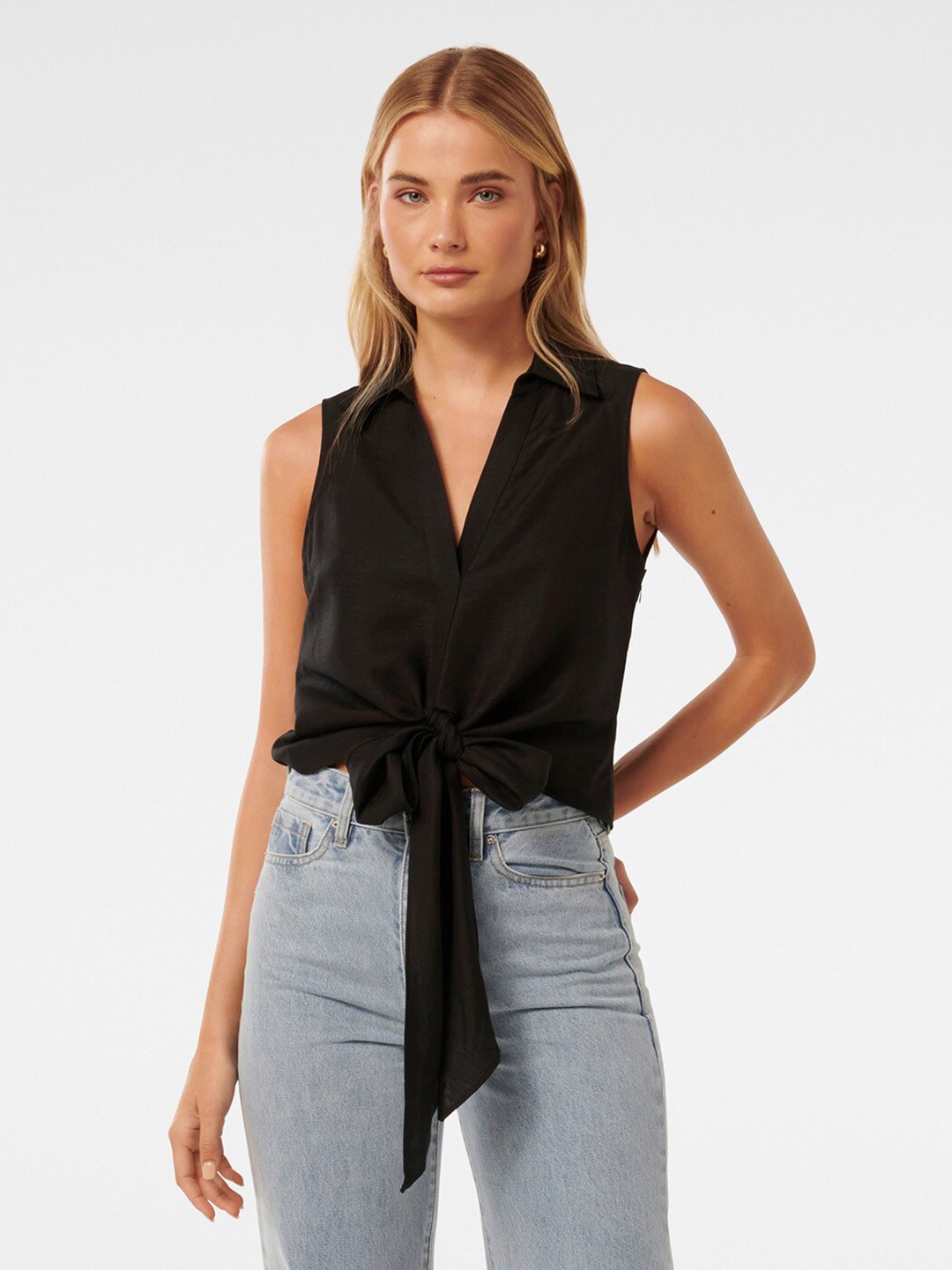 

Forever New Classic Fit Spread Collar Sleeveless Opaque Tie Front Shirt, Black