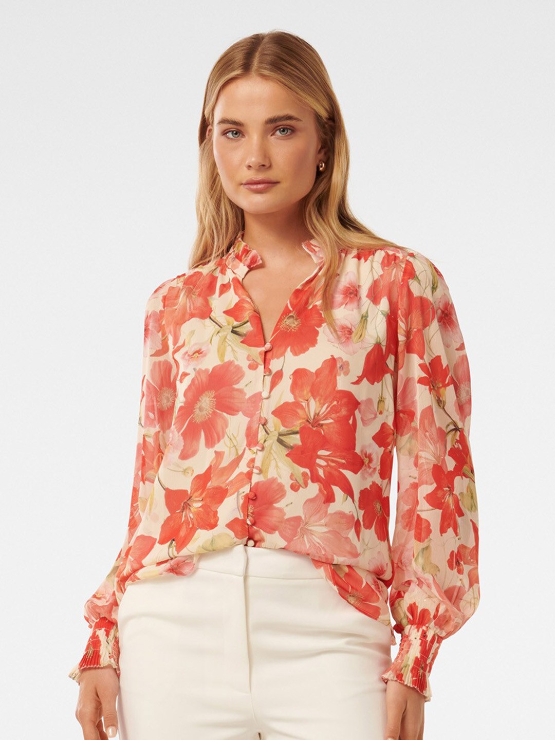 

Forever New Floral Printed Mandarin Collar Shirt Style Top, Orange