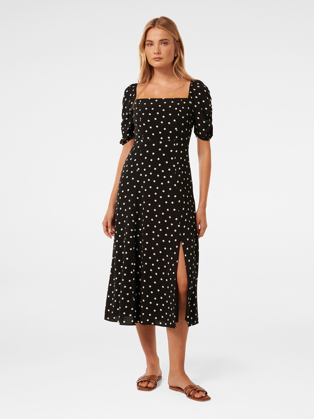 

Forever New Polka Dot Printed Square Neck Fit & Flare Midi Dress, Black