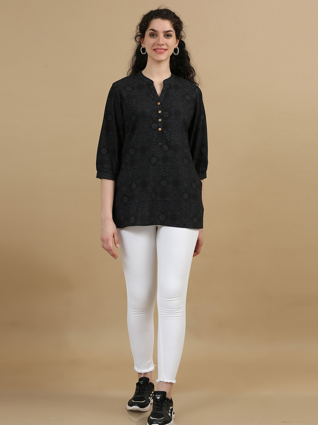 

Marcia Ethnic Motifs Printed Mandarin Collar Three-Quarter Sleeves Pure Cotton Short Kurti, Black