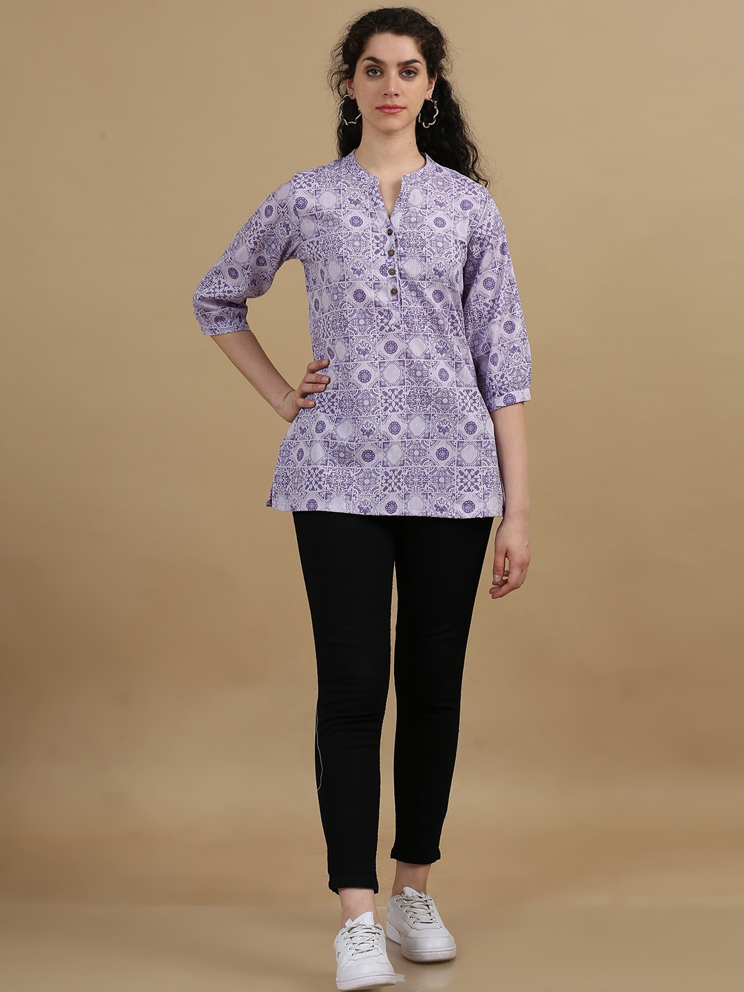 

Marcia Ethnic Motifs Printed Mandarin Collar Three-Quarter Sleeves Pure Cotton Short Kurti, Purple