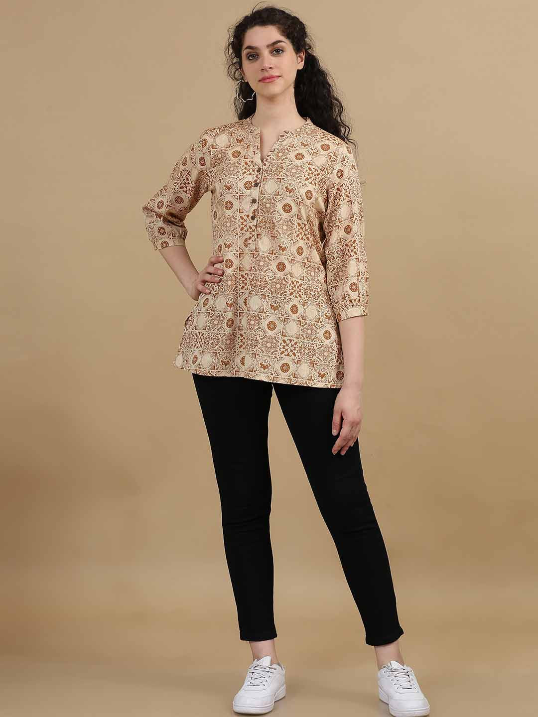 

Marcia Ethnic Motifs Printed Mandarin Collar Three-Quarter Sleeves Pure Cotton Short Kurti, Brown