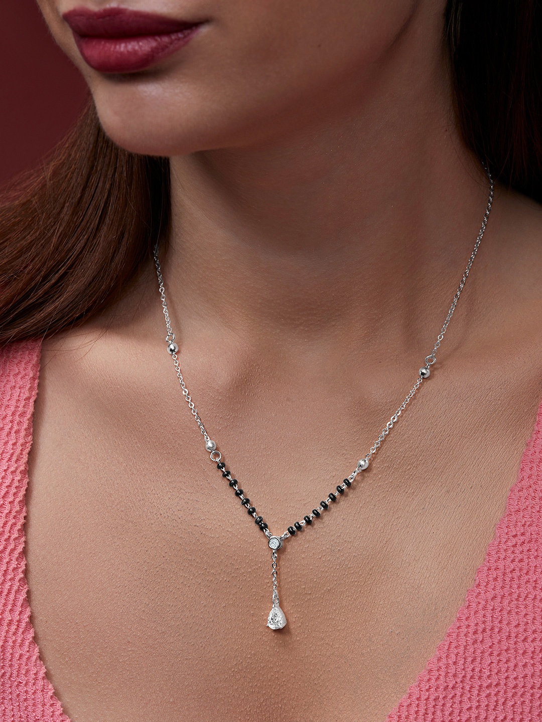 

MINUTIAE Silver-Plated Artificial Stones and Beads Mangalsutra