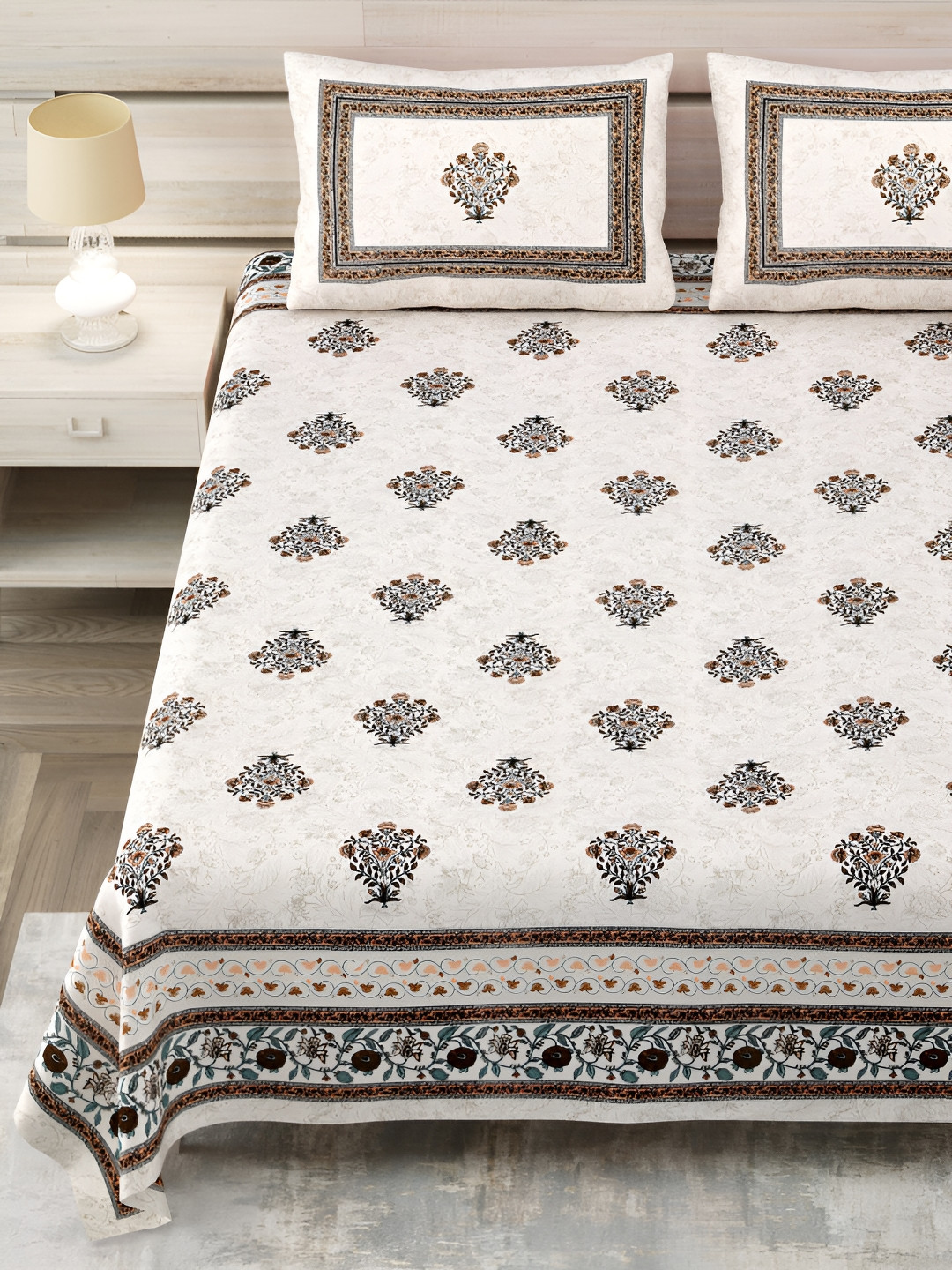 

SHOOLIN White & Brown Floral Printed Pure Cotton 144 TC King Bedsheet with 2 Pillow Covers