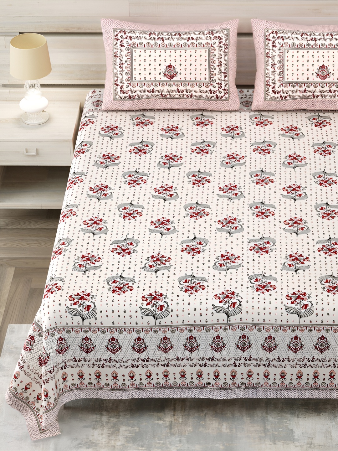 

SHOOLIN White & Red Floral Printed Pure Cotton 144 TC King Bedsheet with 2 Pillow Covers