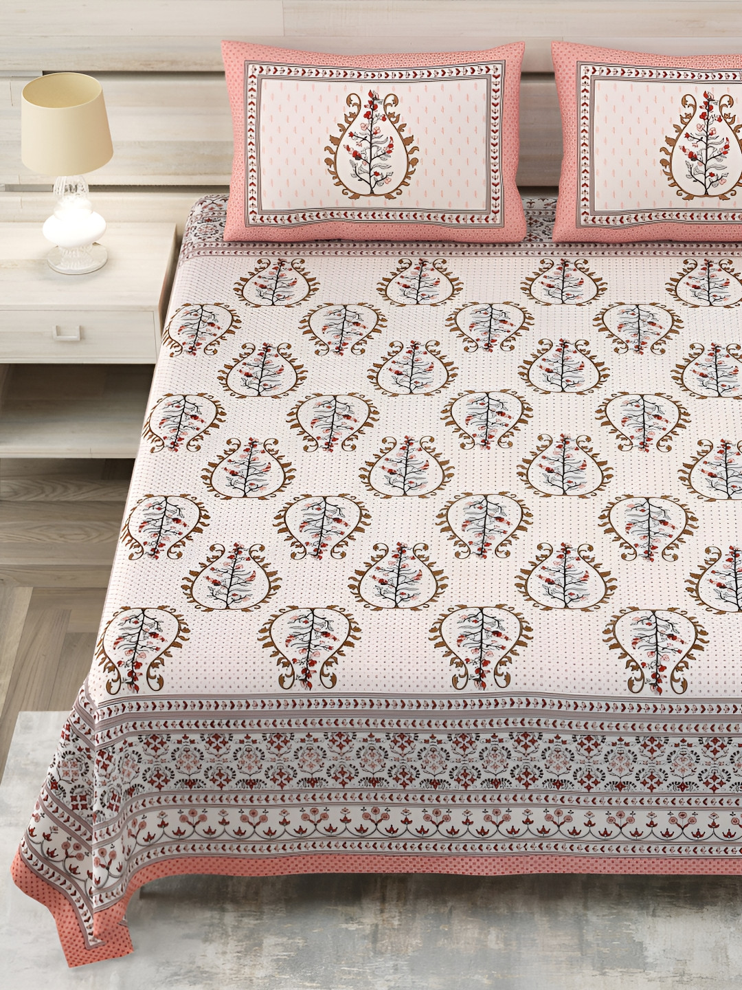 

SHOOLIN White & Pink Floral Printed Pure Cotton 144 TC King Bedsheet with 2 Pillow Covers