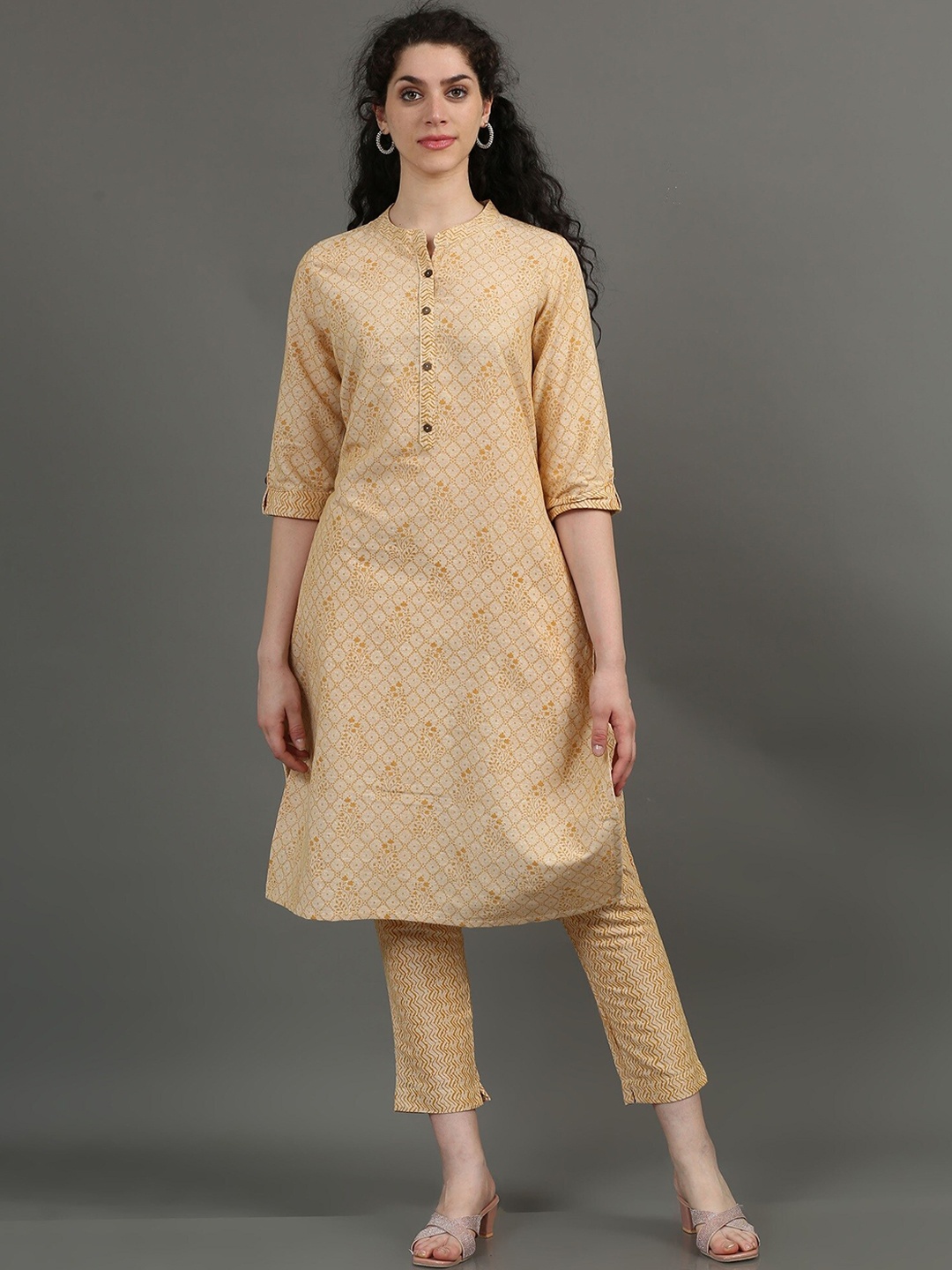 

Marcia Printed Regular Pure Cotton Mandarin Collar Kurta with Trouser, Yellow