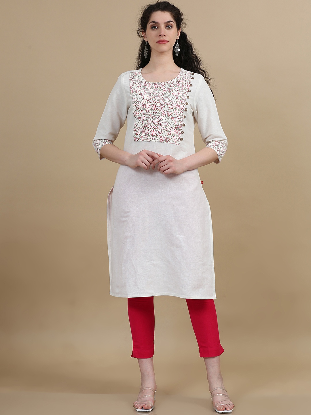 

Marcia Abstract Printed Yoke Design Round Neck Cotton Straight Kurta, White