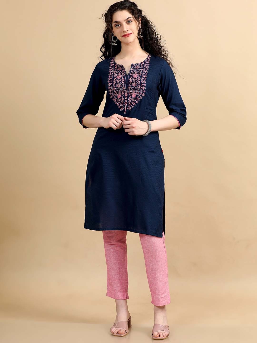 

Marcia Ethnic Motifs Yoke Design Thread Work Straight Kurta, Navy blue