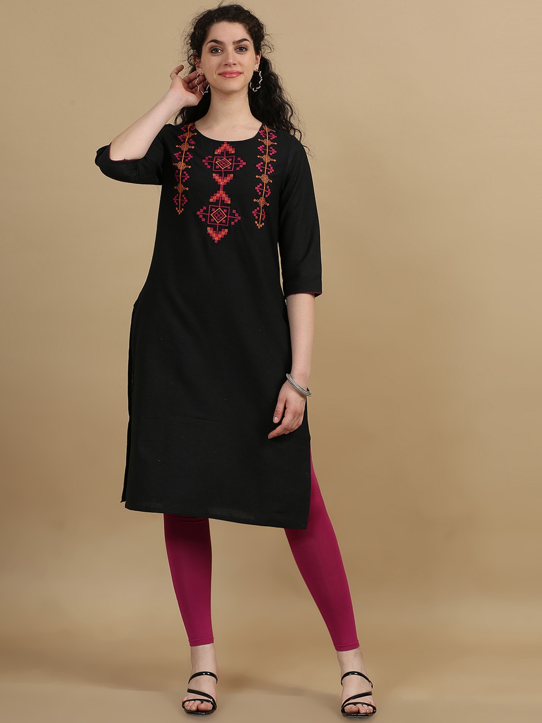 

Marcia Ethnic Motifs Yoke Design Round Neck Thread Work Cotton Straight Kurta, Black