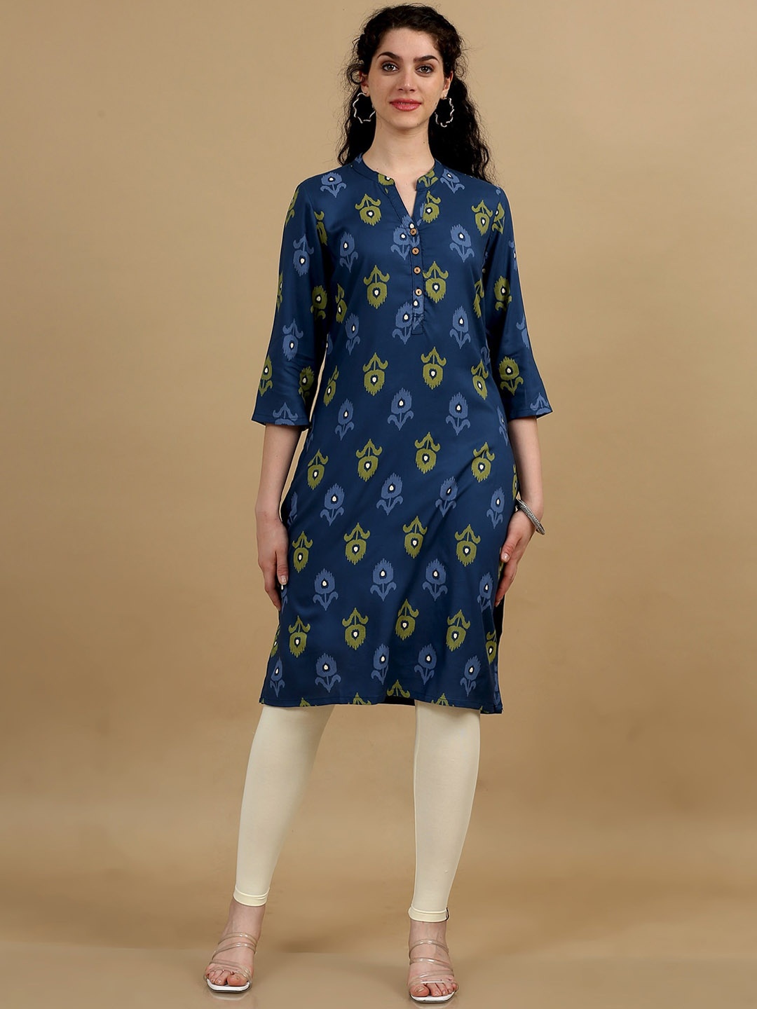 

Marcia Ethnic Motifs Printed Mandarin Collar Cotton Straight Kurta, Blue
