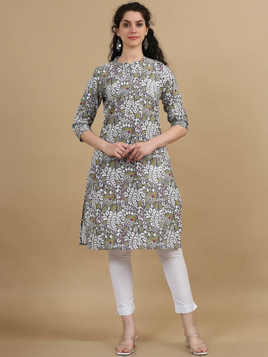 

Marcia Mandarin Collar Floral Printed Cotton Kurta, Green
