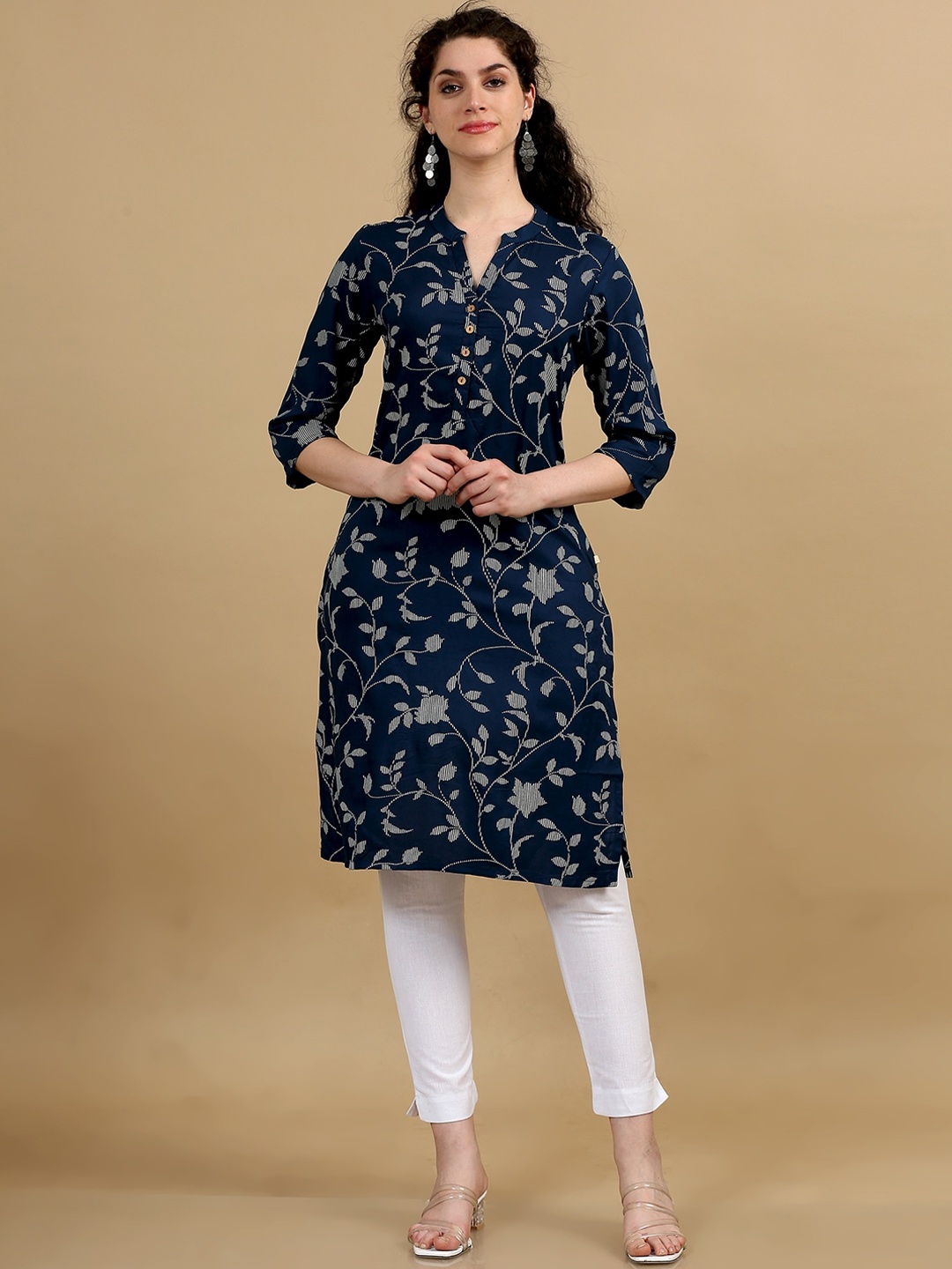 

Marcia Ethnic Motifs Printed Mandarin Collar Cotton Straight Kurta, Navy blue