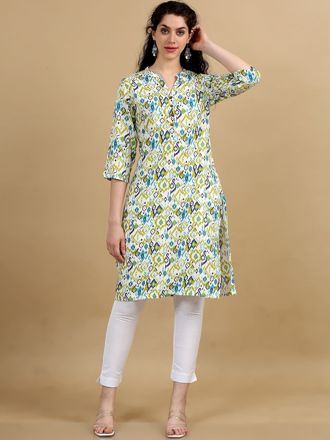 

Marcia Floral Printed Notched Neck Straight Cotton Kurta, White