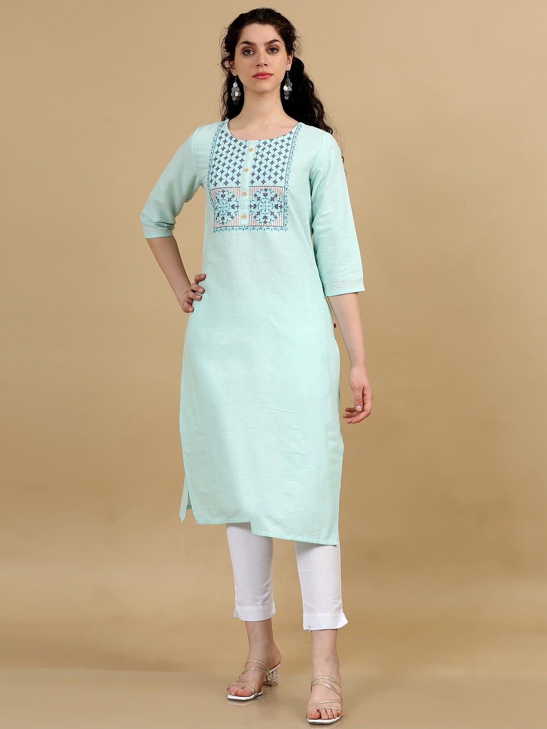 

Marcia Ethnic Motifs Yoke Design Thread Work Cotton Straight Kurta, Blue