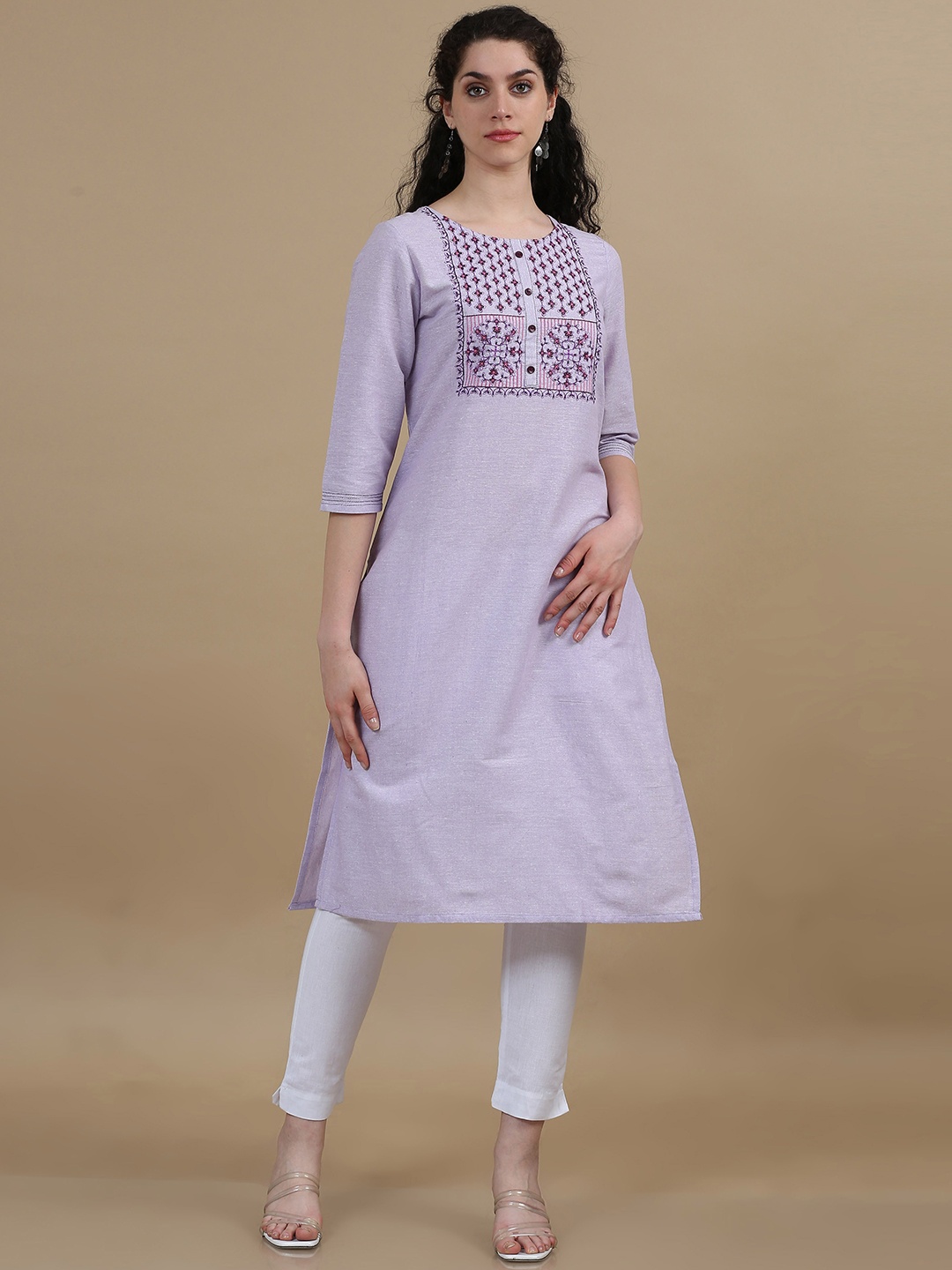 

Marcia Floral Embroidered Cotton Thread Work Straight Kurta, Purple