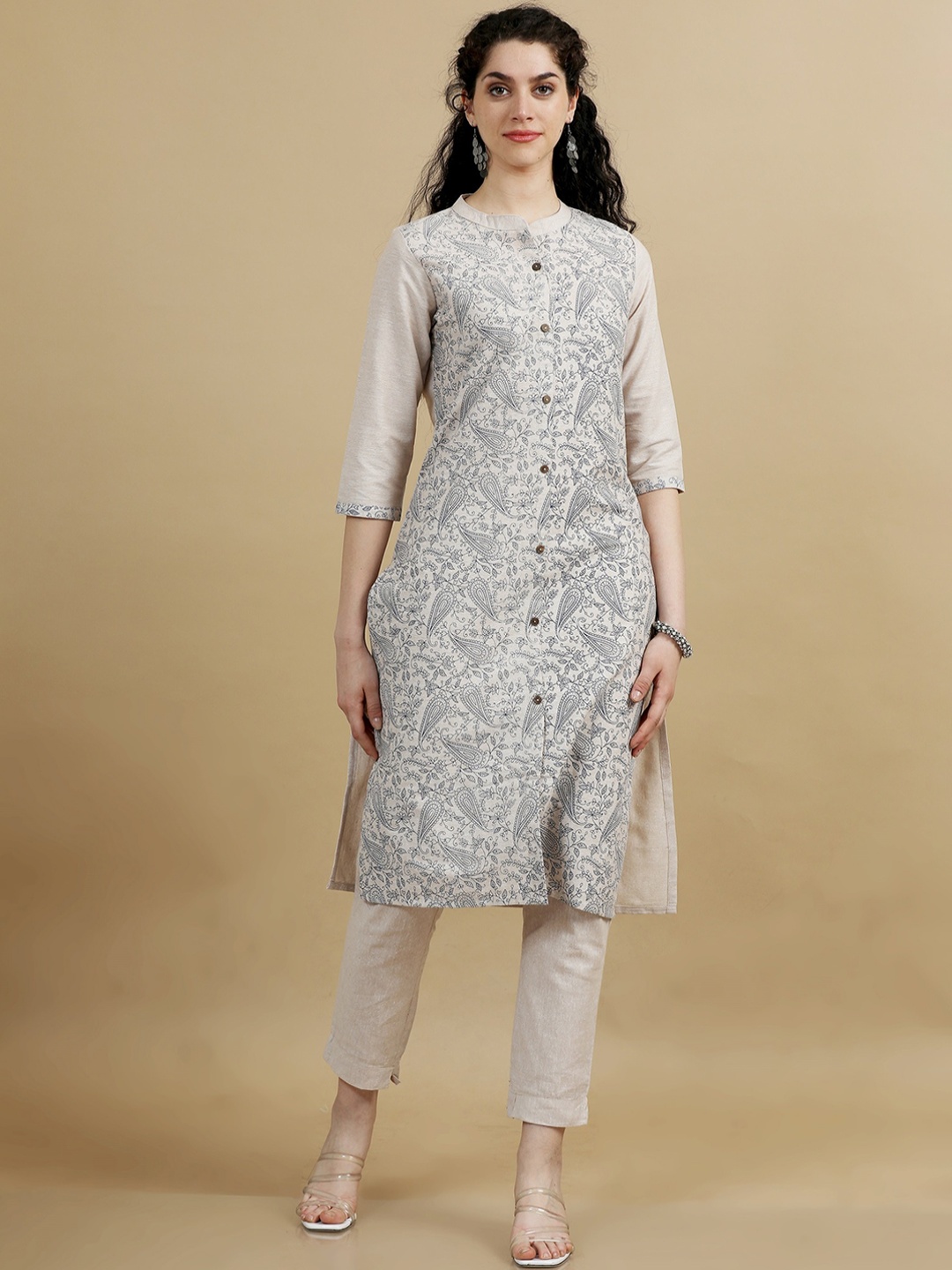 

Marcia Ethnic Motifs Printed Mandarin Collar Cotton Straight Kurta, Beige