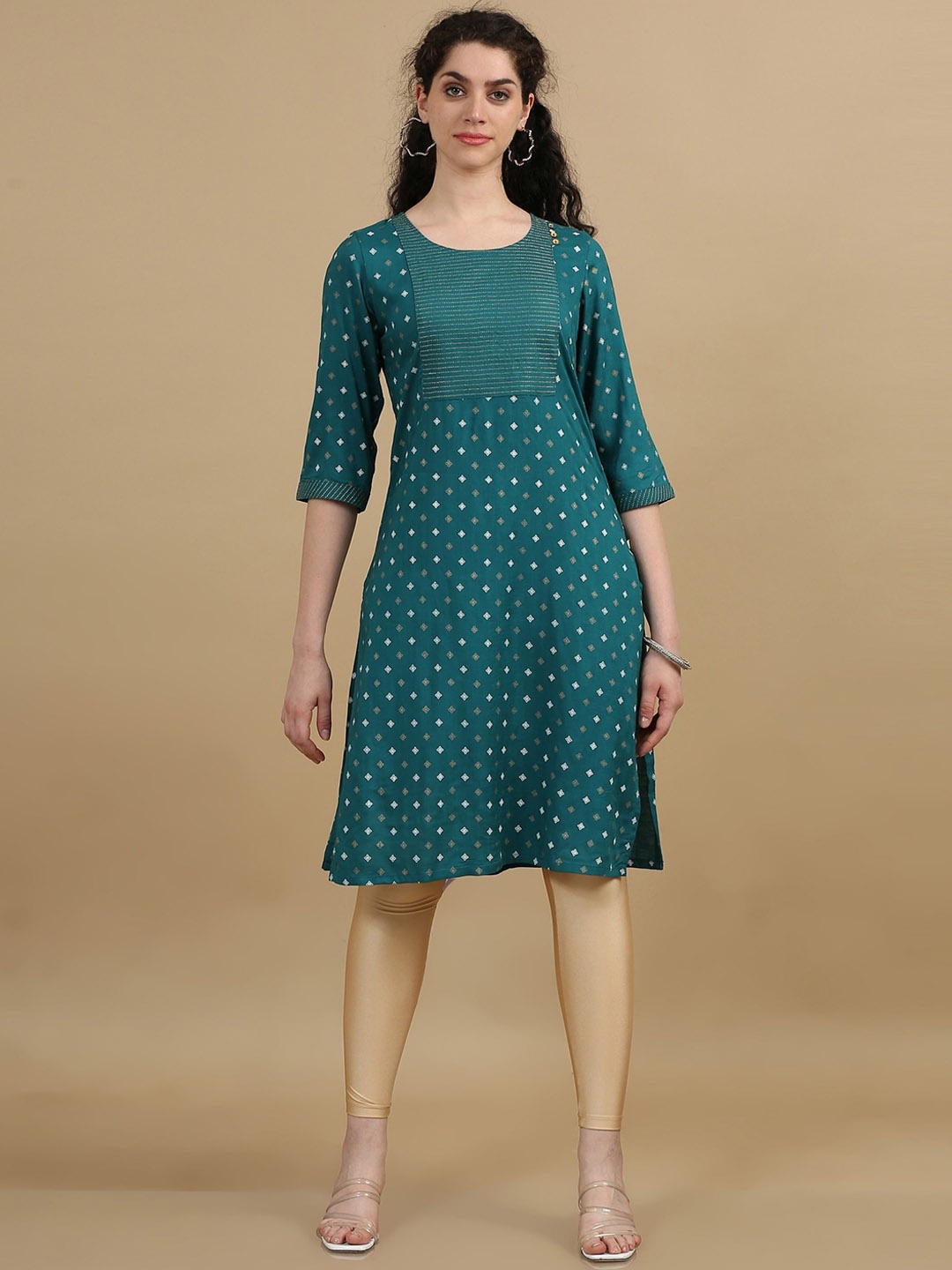 

Marcia Ethnic Motifs Yoke Design Round Neck Zari Straight Kurta, Teal