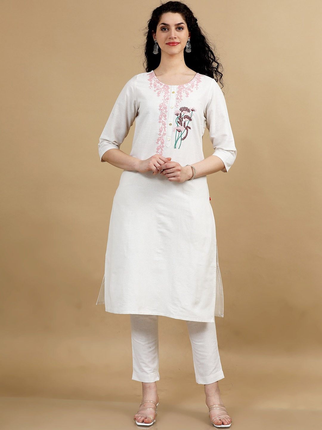

Marcia Floral Embroidered Regular Thread Work Pure Cotton Straight Kurta With Trousers, White