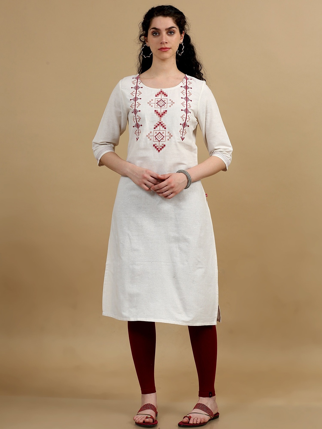 

Marcia Round Neck Cotton Thread Work Kurta, White