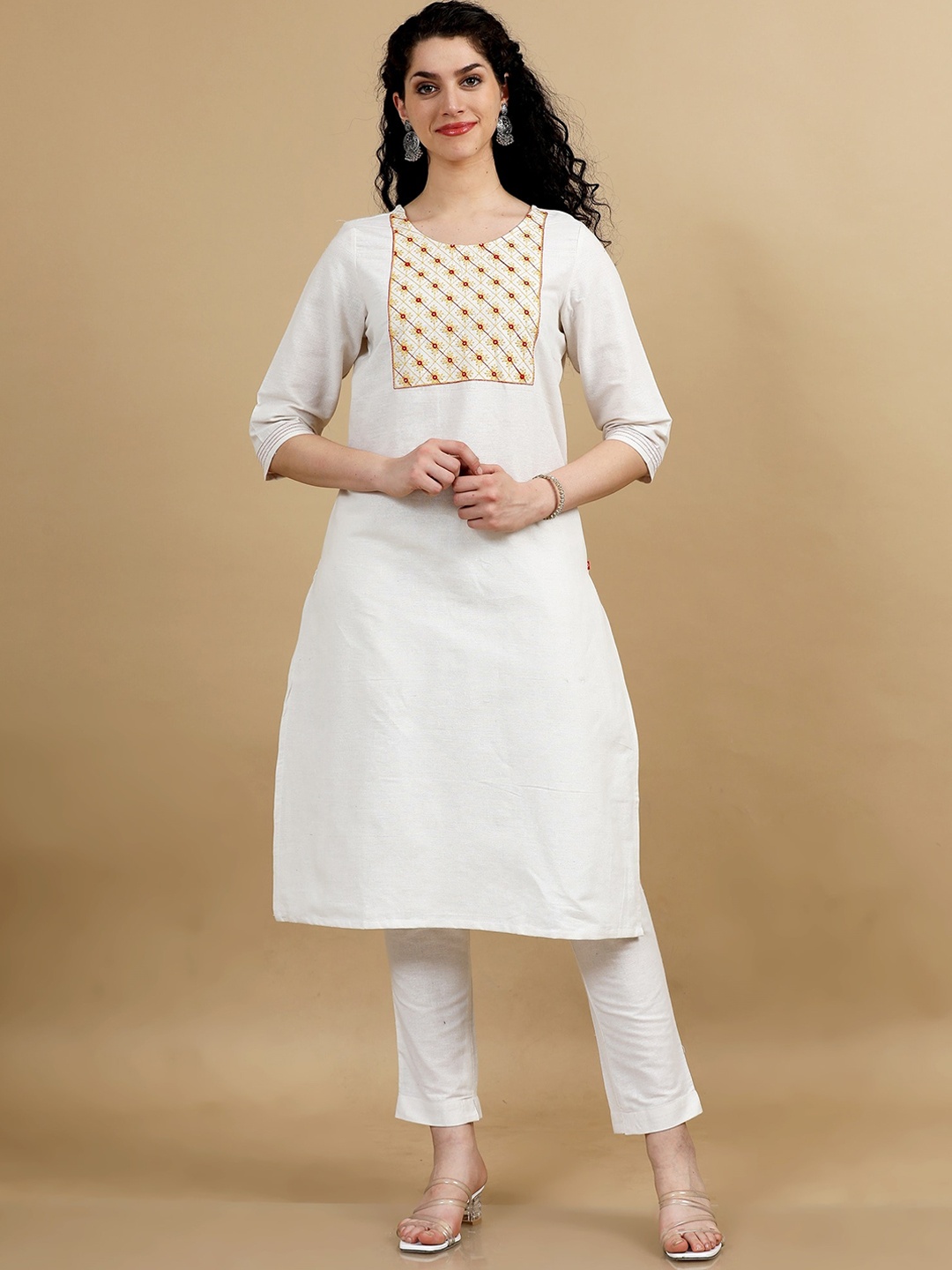 

Marcia Floral Yoke Design Regular Pure Cotton Kurta with Trouser, White