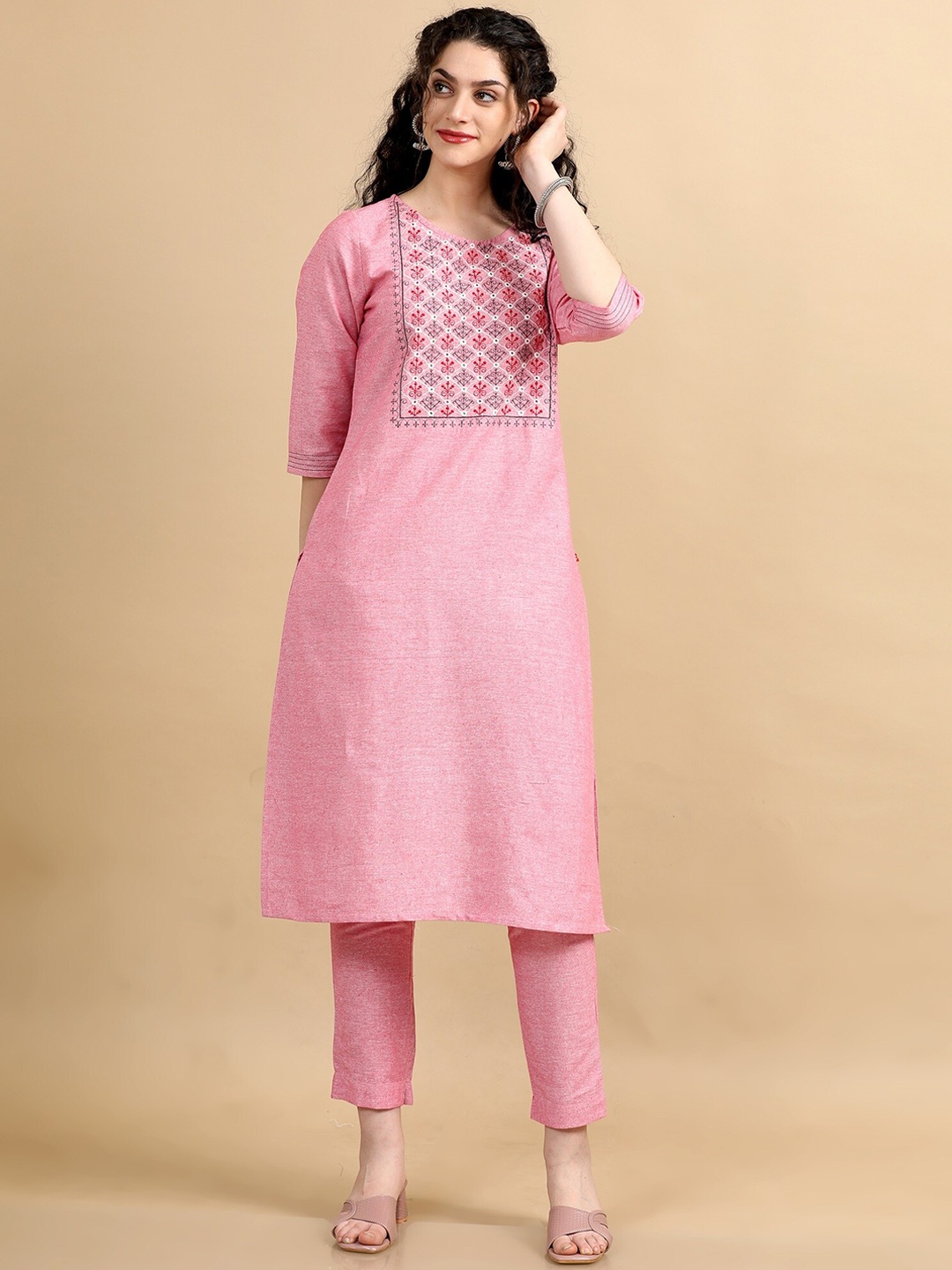 

Marcia Floral Yoke Design Regular Pure Cotton Kurta with Trouser, Pink