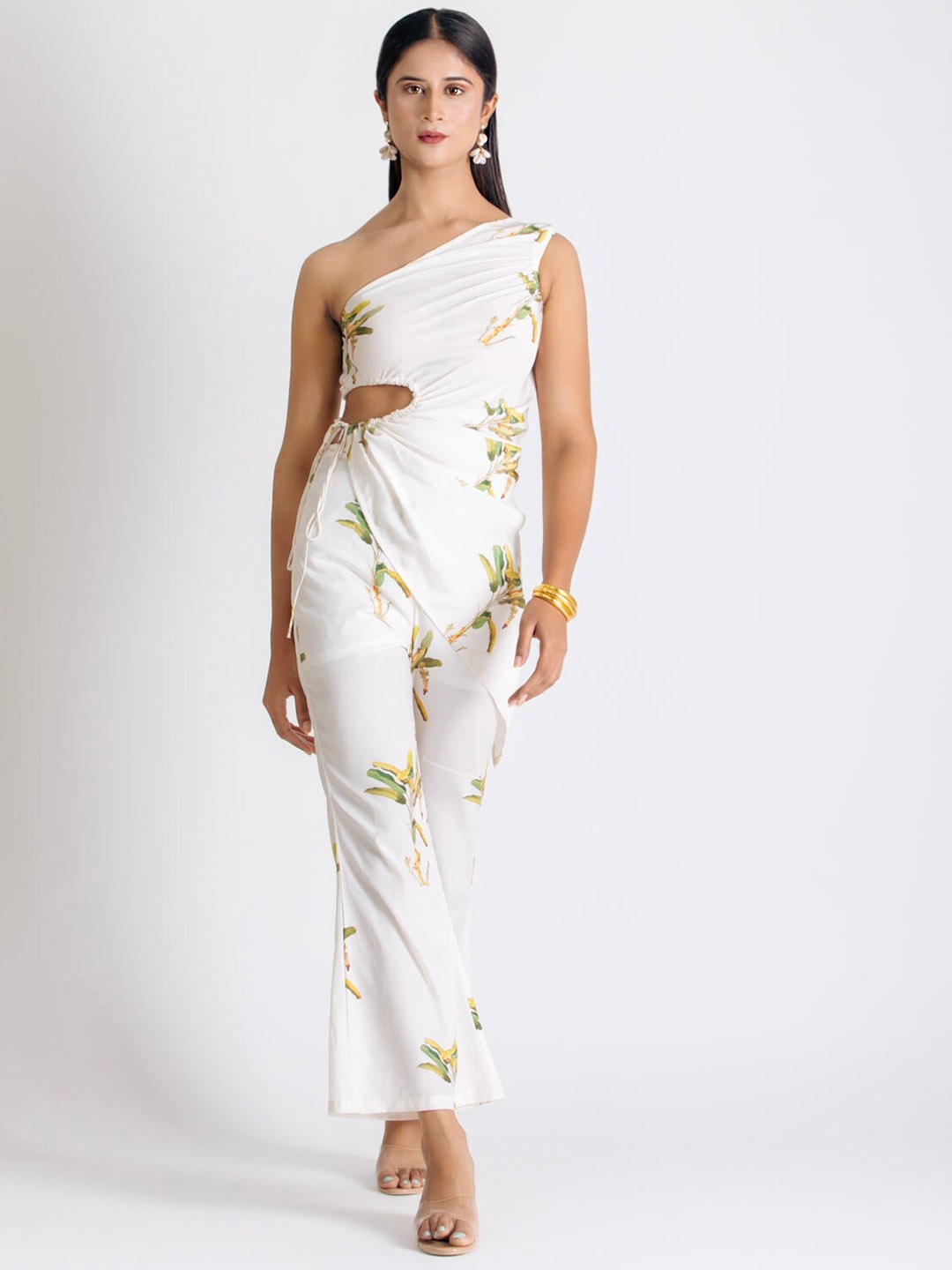 

Bee Boe Printed One Sholder Cut-Out Detail Casual Top With Trousers, Off white