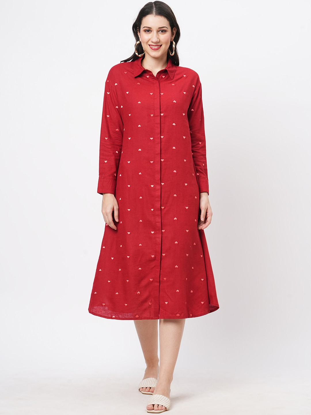 

Hashtag Be Cotton Embroidered Shirt Midi Dress, Red