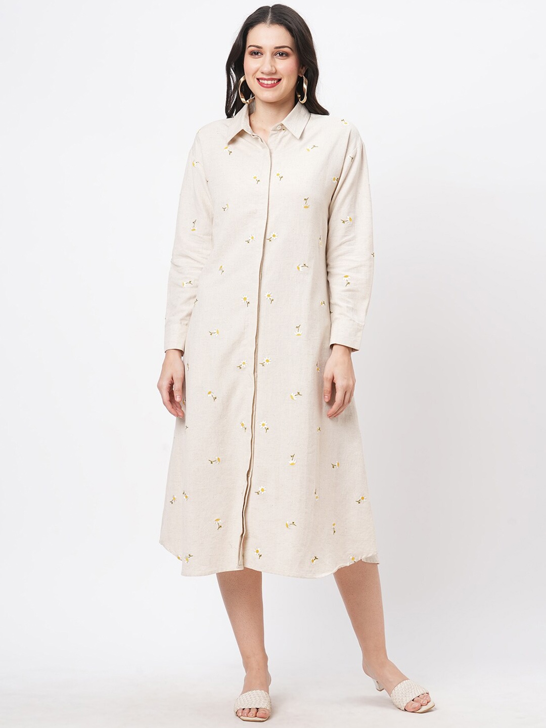 

Hashtag Be Floral Buty Embroidered Cotton Shirt Midi Dress, Beige