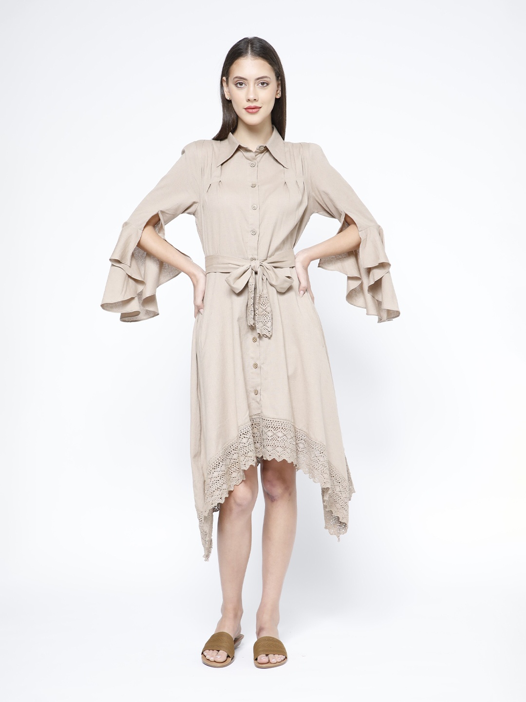 

SAMMYUKK Bell Sleeve Midi Belt Shirt Dress, Beige