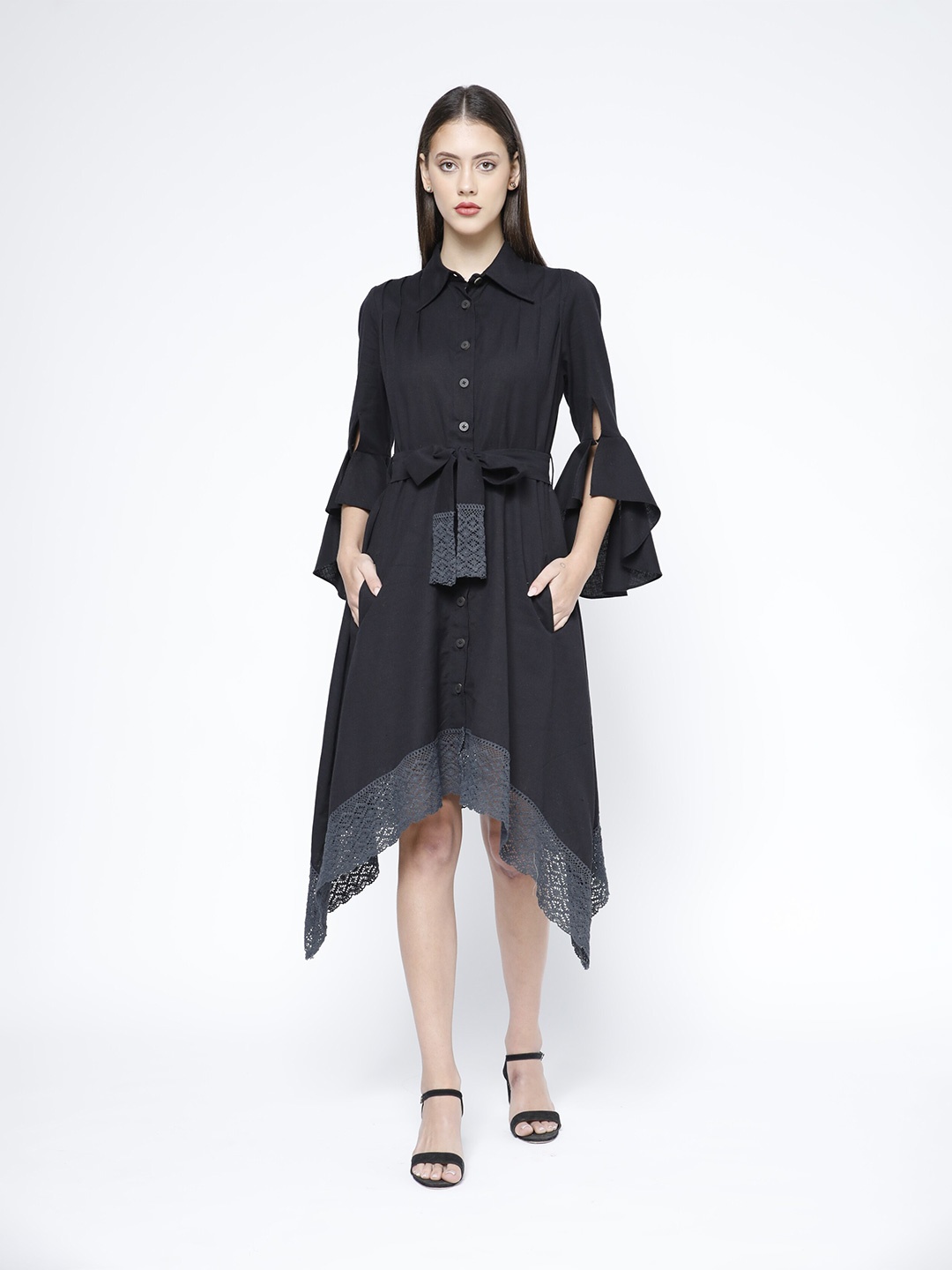 

SAMMYUKK Bell Sleeves Midi Belt Shirt Dress, Black