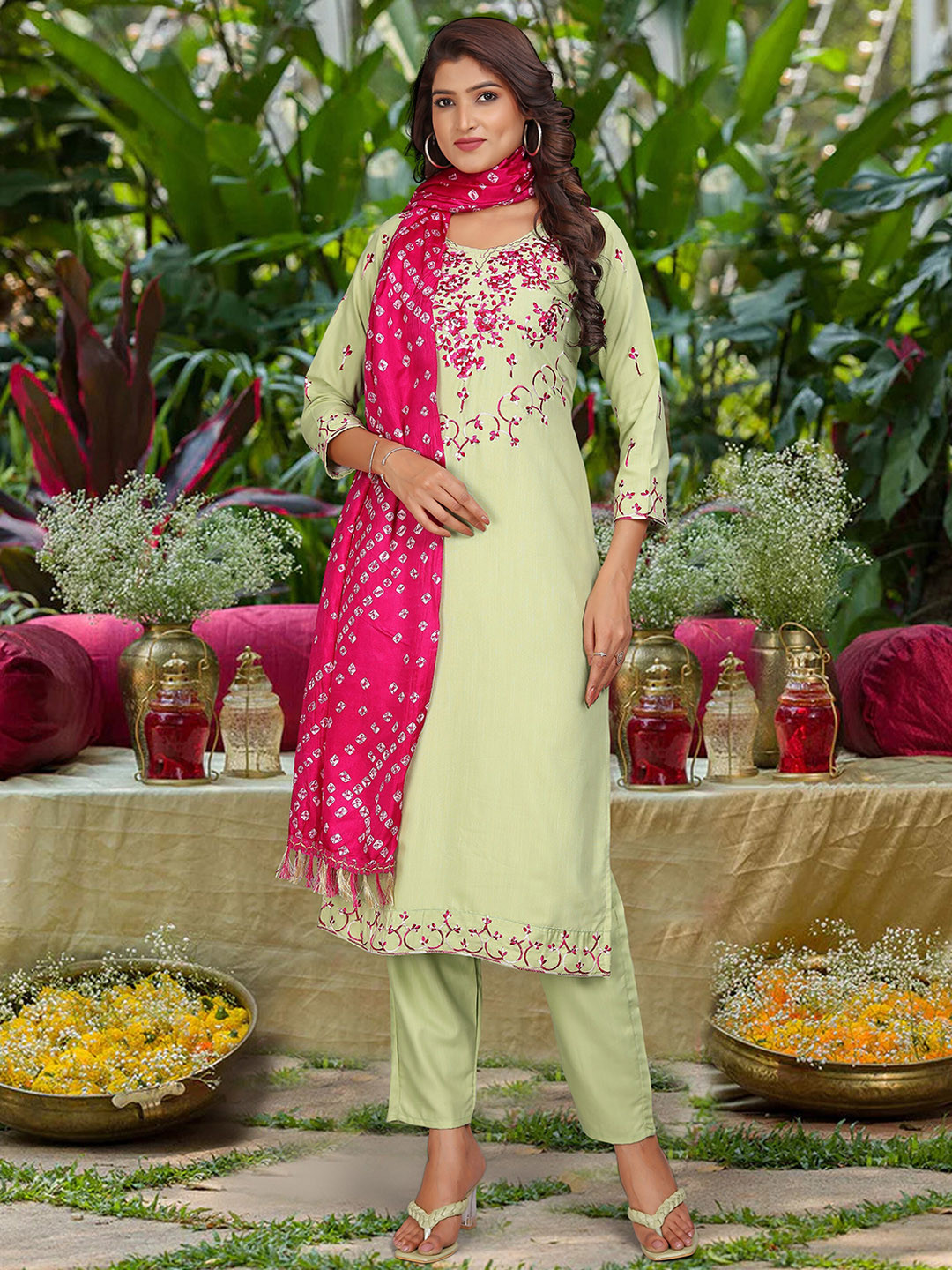 

KALINI Floral Embroidered Regular Mirror Work Kurta with Trousers & With Dupatta, Green