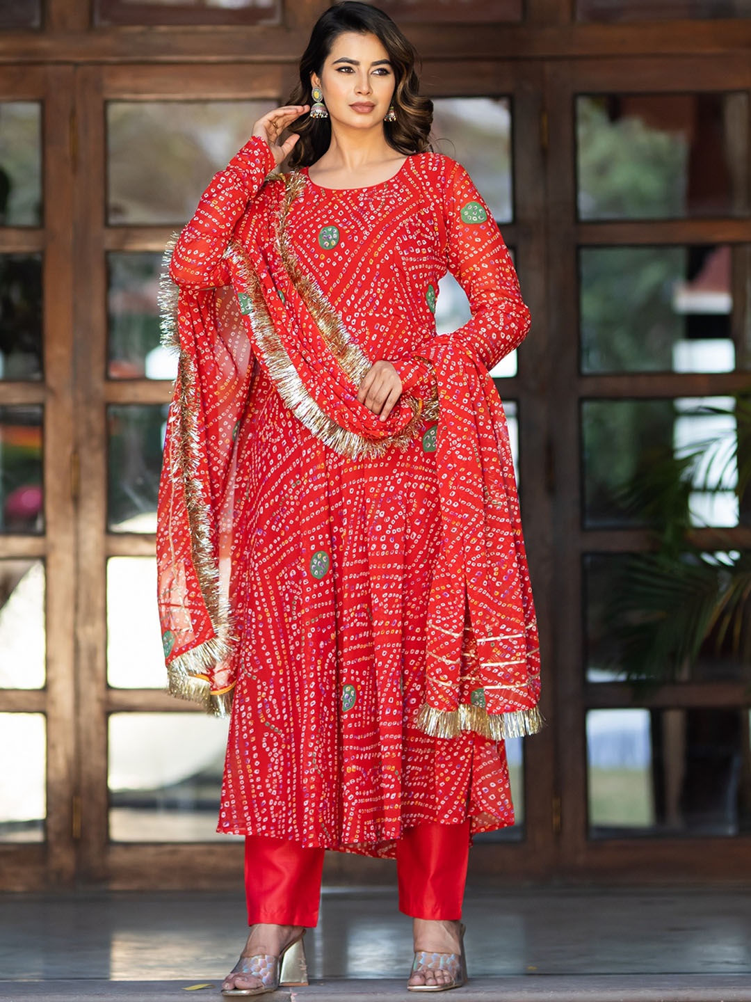 

ASPORA Bandhani Printed Round Neck Gotta Patti Kurta with Trousers & With Dupatta, Red