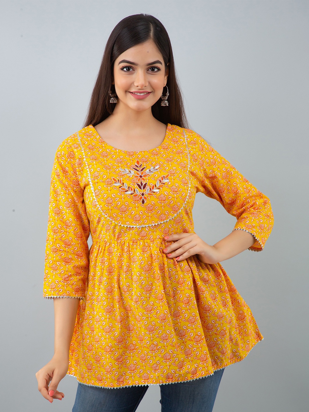 

GLIDER GIRL Ethnic Motifs Printed Round Neck Cotton A-Line Kurti, Yellow