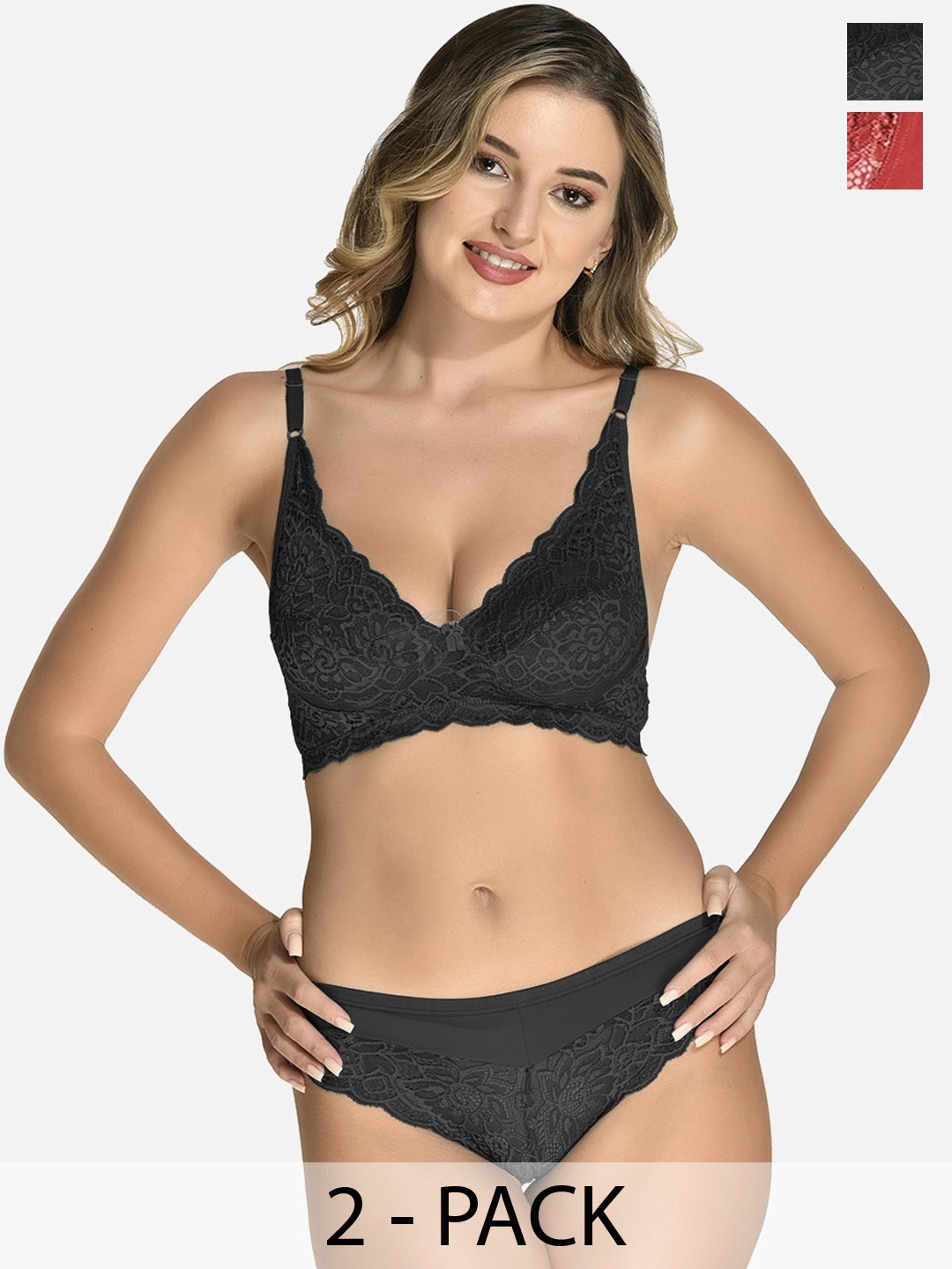 

StyFun Pack Of 2 Non Padded Lingerie Set, Black