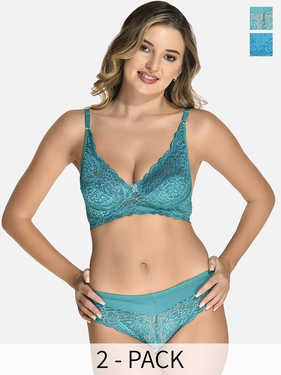 

StyFun Pack Of 2 Lace Net Non Padded Bra & Mid-Rise Brief, Green