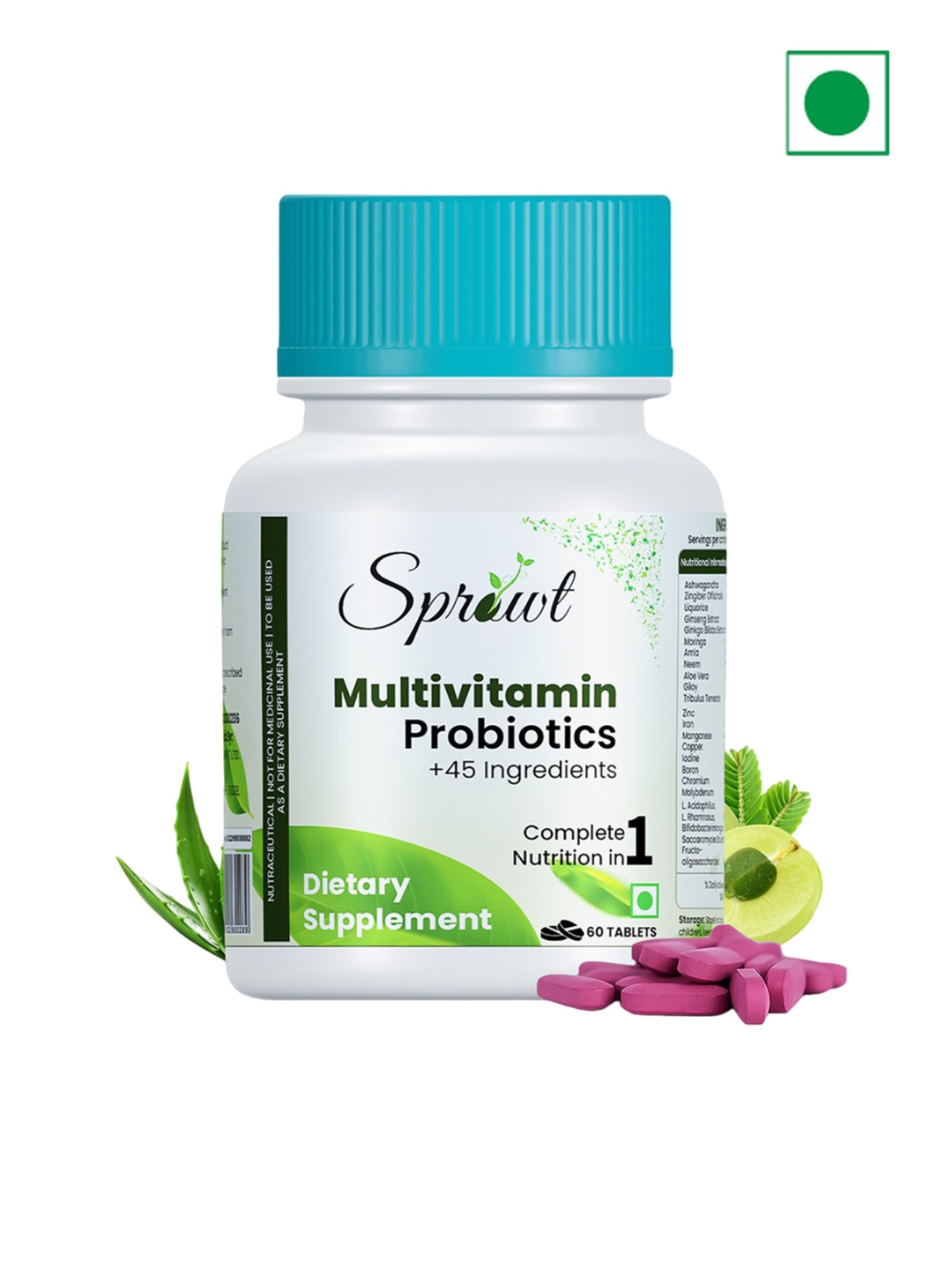 

Sprowt Multivitamin With Probiotics - 45 Ingredients- 60 Tablets, Brown