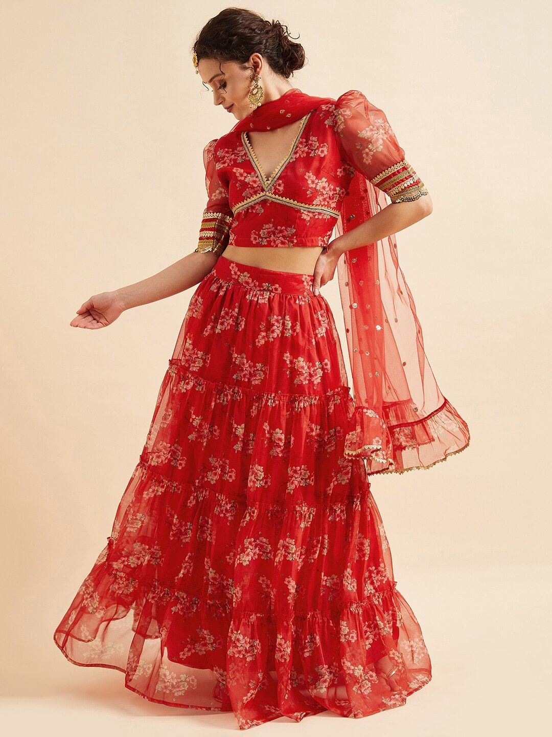 

PANIT Floral Printed Gotta Patti Organza Ready to Wear Lehenga With Blouse & Dupatta, Red