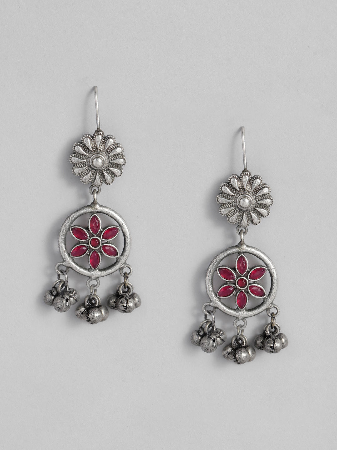 

AITIHYA Silver-Plated Stones-Studded & Beaded Teardrop Shaped Oxidised Drop Earrings