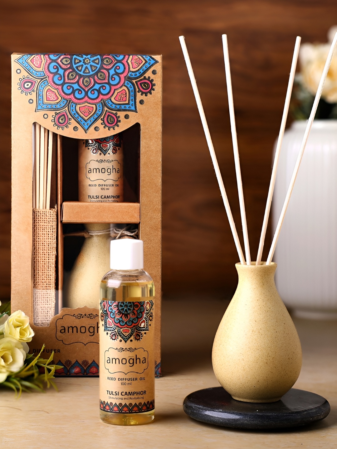 

Iris Beige Amogha Tulsi Camphor Reed Diffuser With 100 ML Oil & 8N Reed Sticks