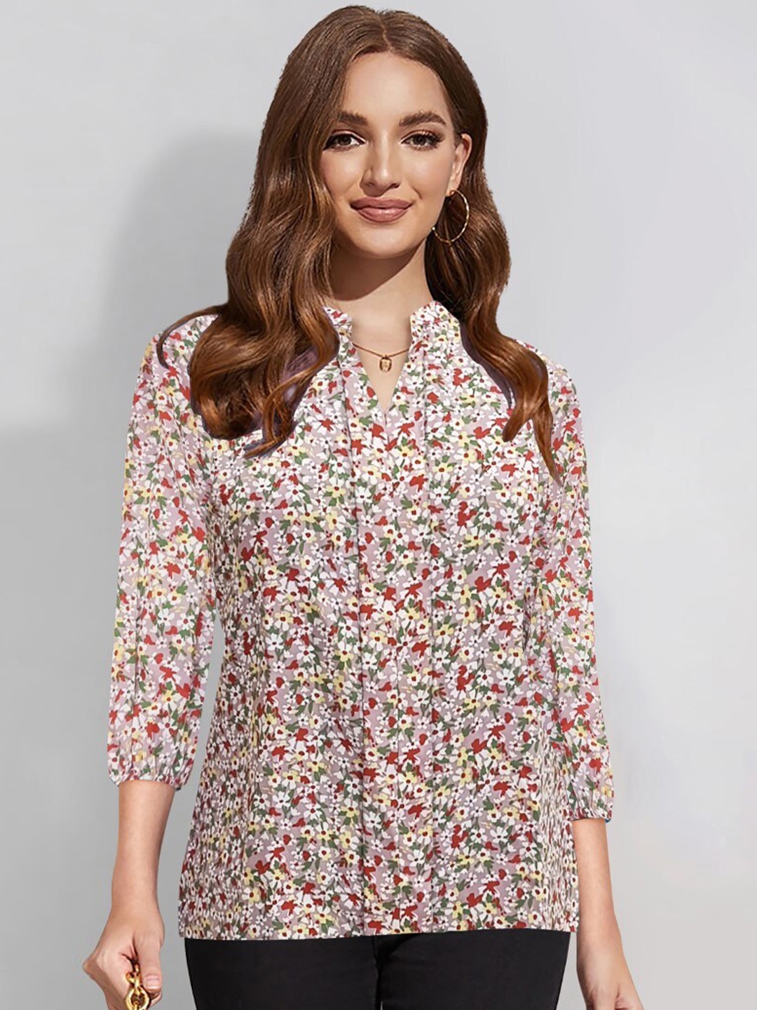 

TOOCHKI Floral Printed Mandarin Collar Cotton Top, Multi