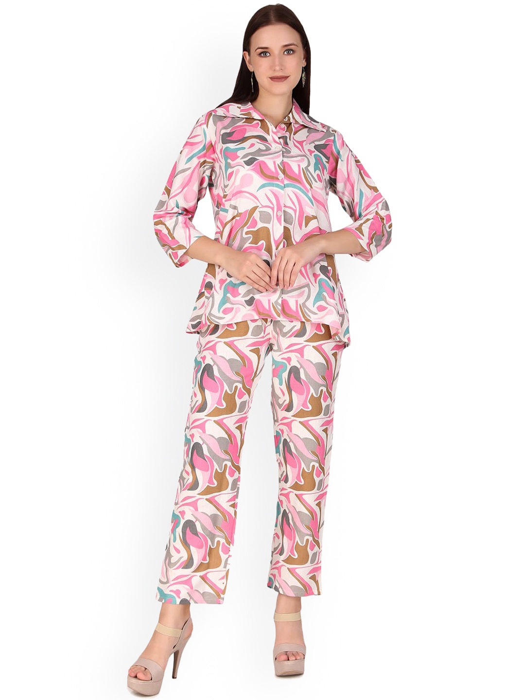 

BAESD Abstract Printed Pure Cotton Shirt With Palazzos, Pink