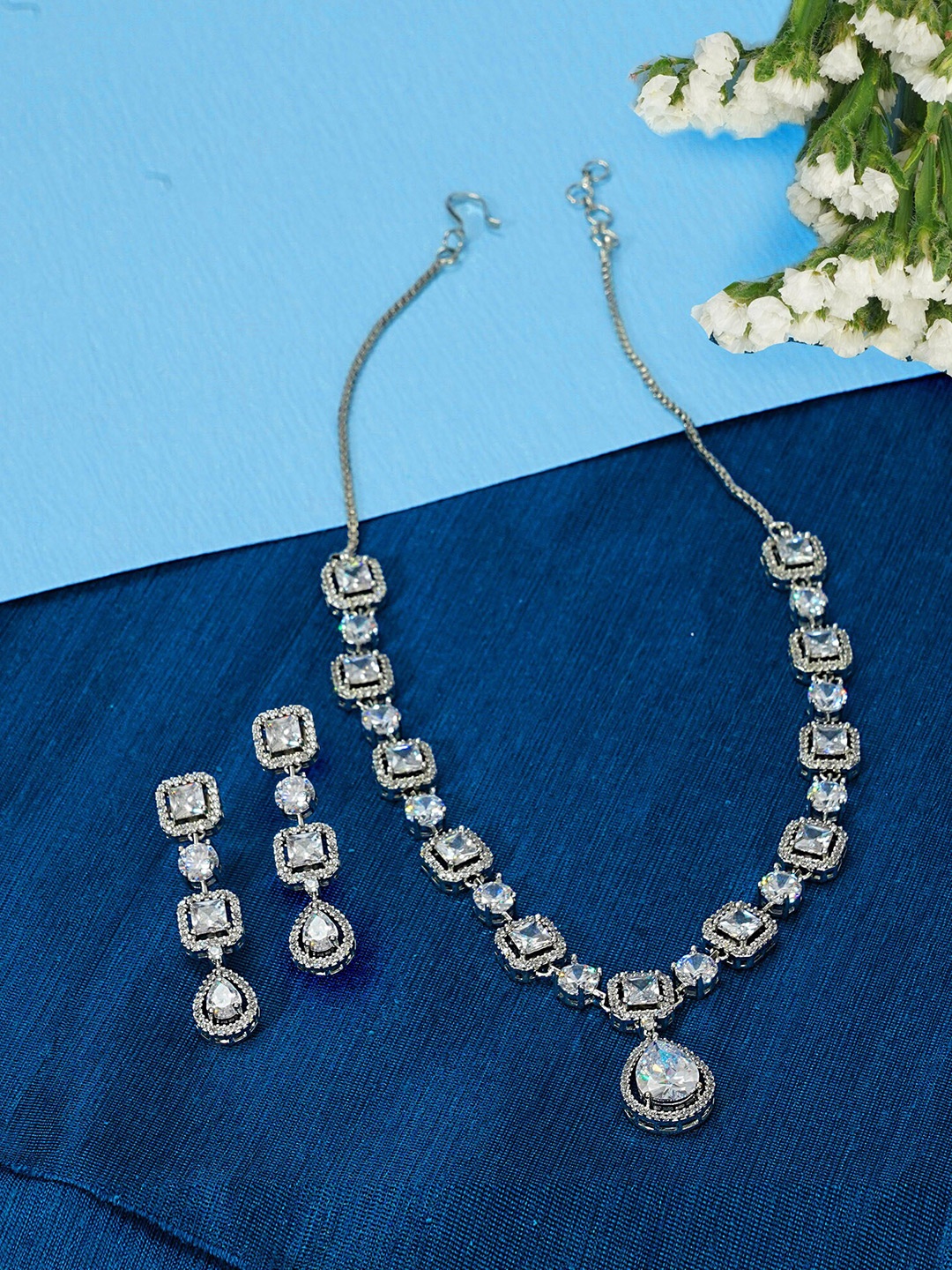 

Designbox Silver-Plated CZ Studded Cocktail Jewellery Set