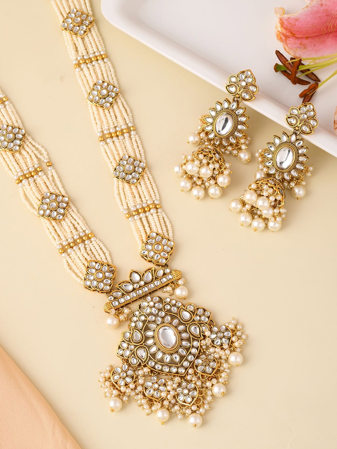 

Designbox Gold-Plated Beads & Stones Studded Layered Necklace Set, White