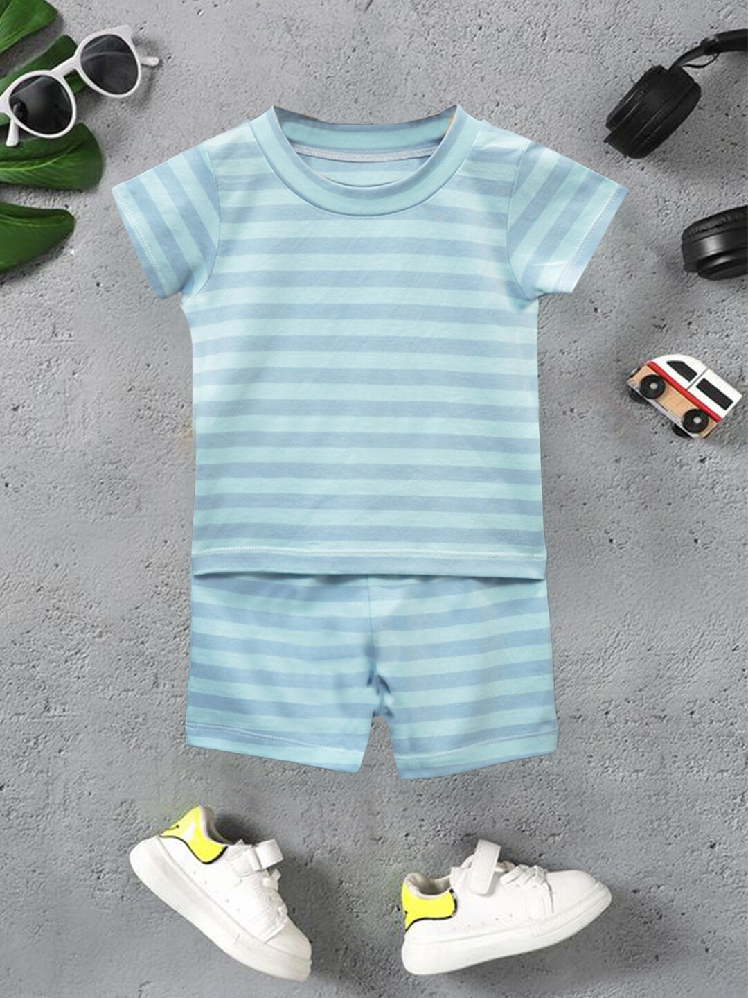 

A.T.U.N. Boys Striped Pure Cotton T-shirt With Shorts, Blue