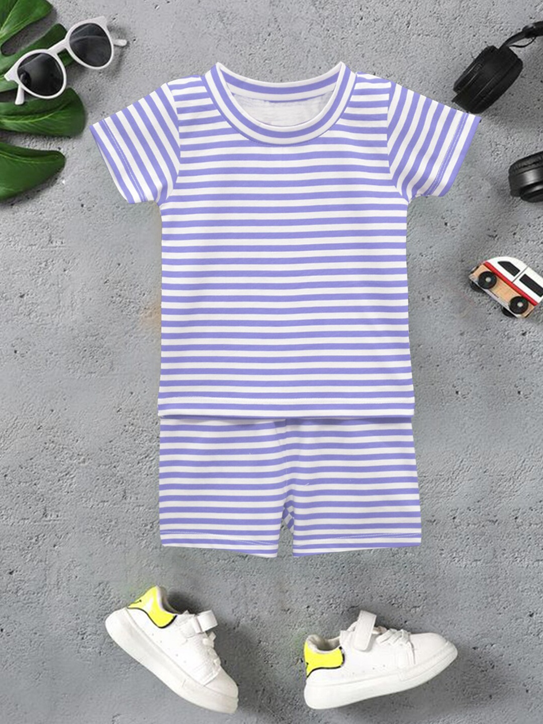 

A.T.U.N. Boys Striped Round Neck Pure Cotton T-shirt With Short, Blue