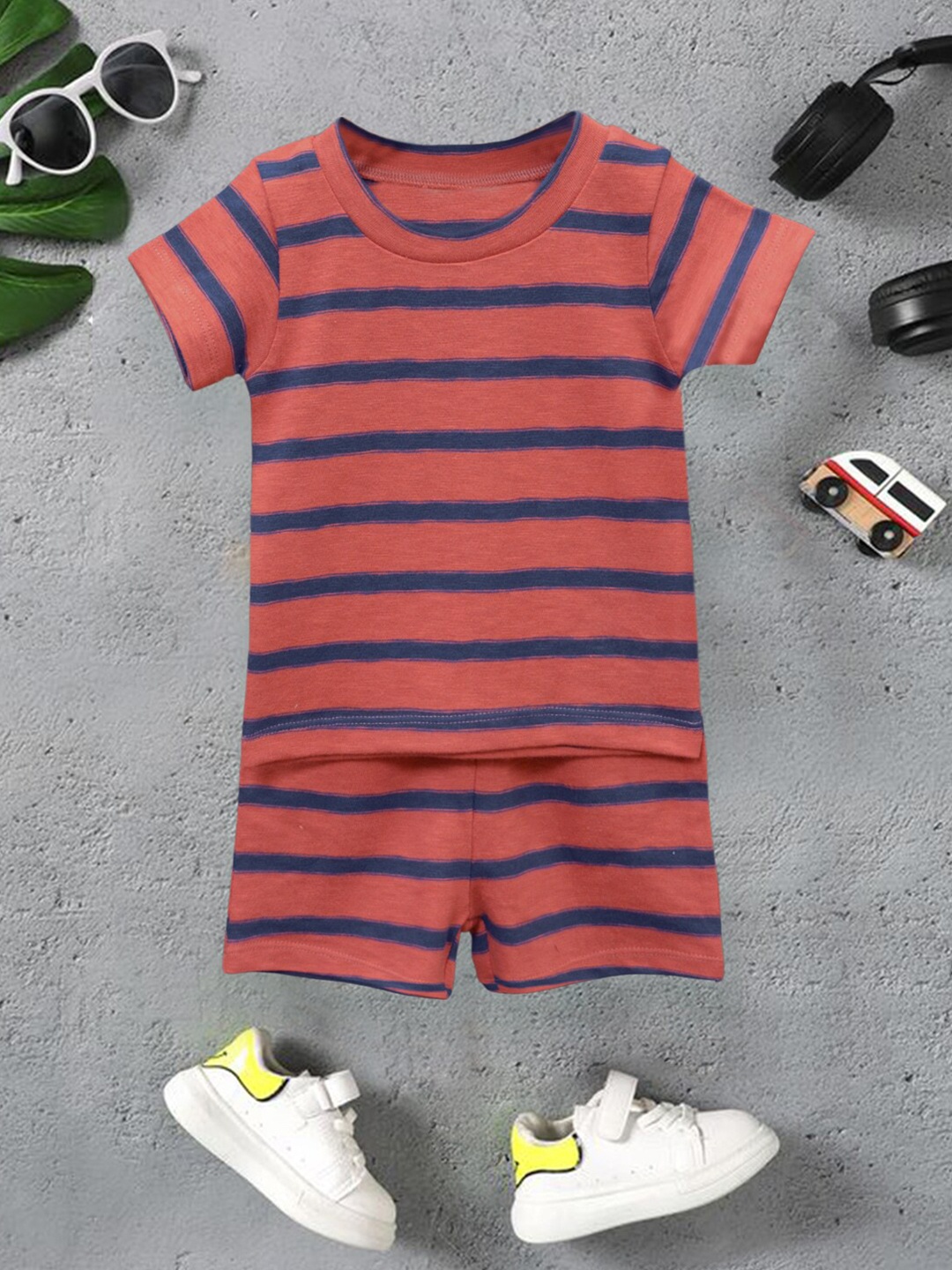 

A.T.U.N. Infants Striped T-shirt With Shorts, Brown